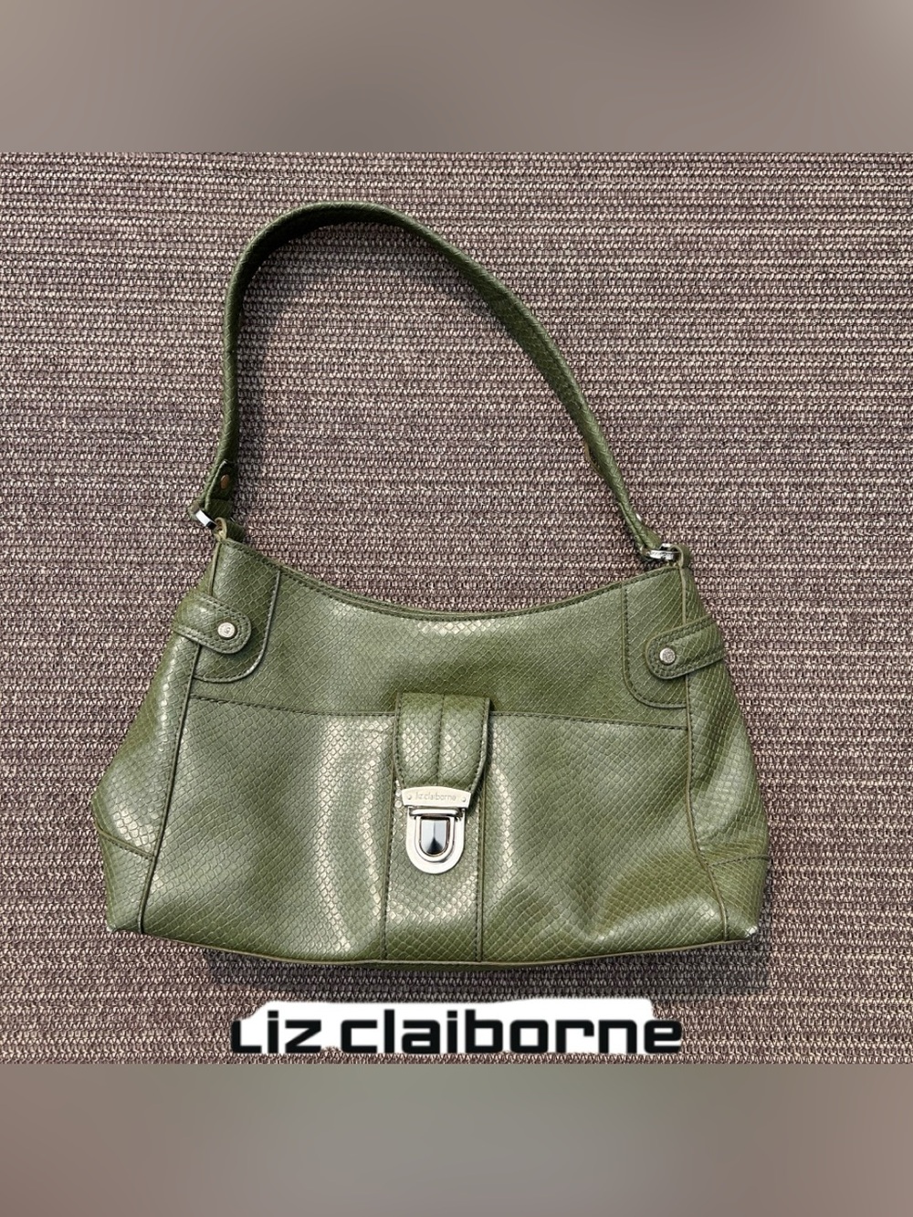 Liz Claiborne olive green faux leather handbag with snakeskin pattern texture